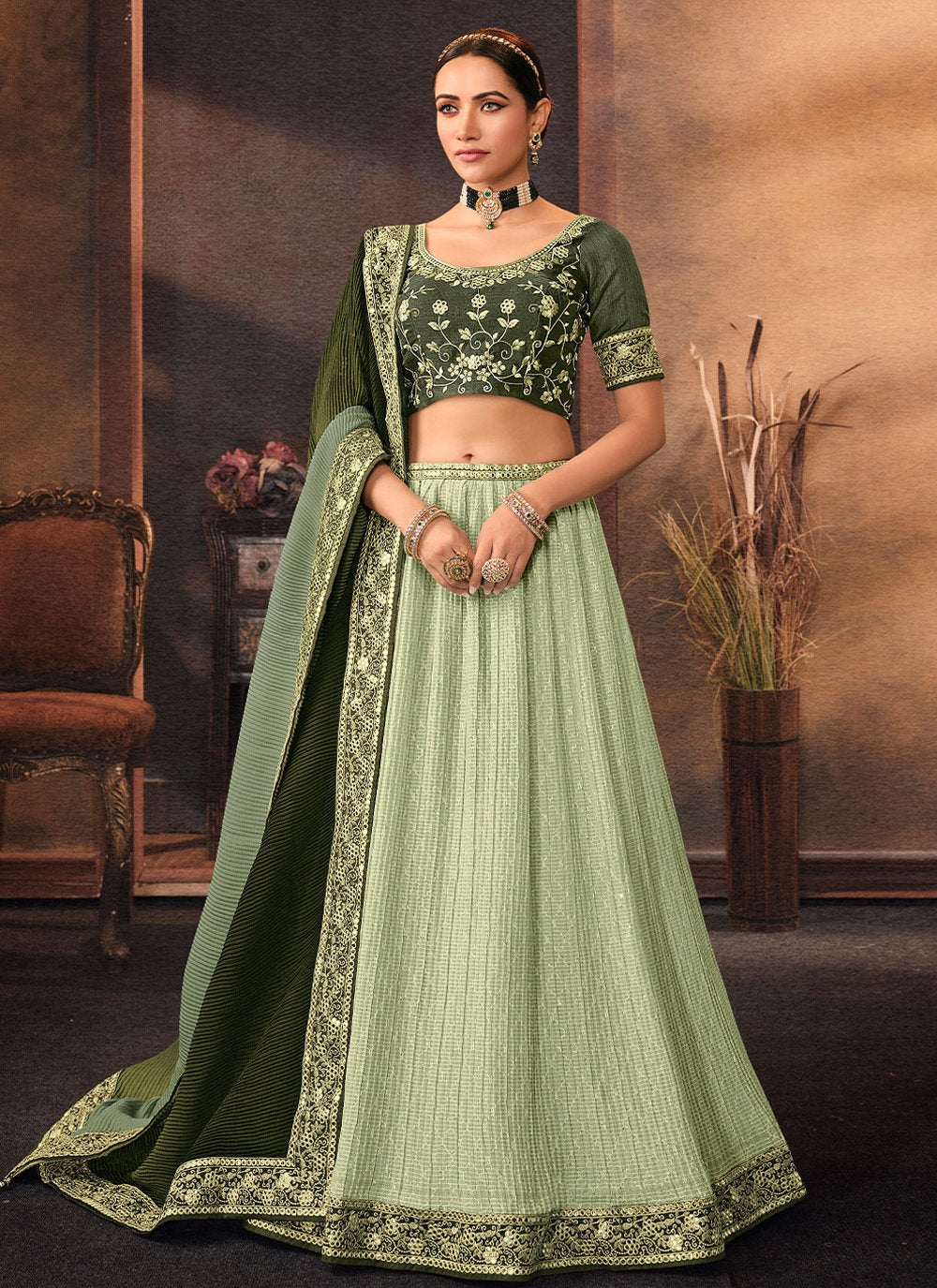 A Line Lehenga Chinon Green Embroidered Lehenga Choli