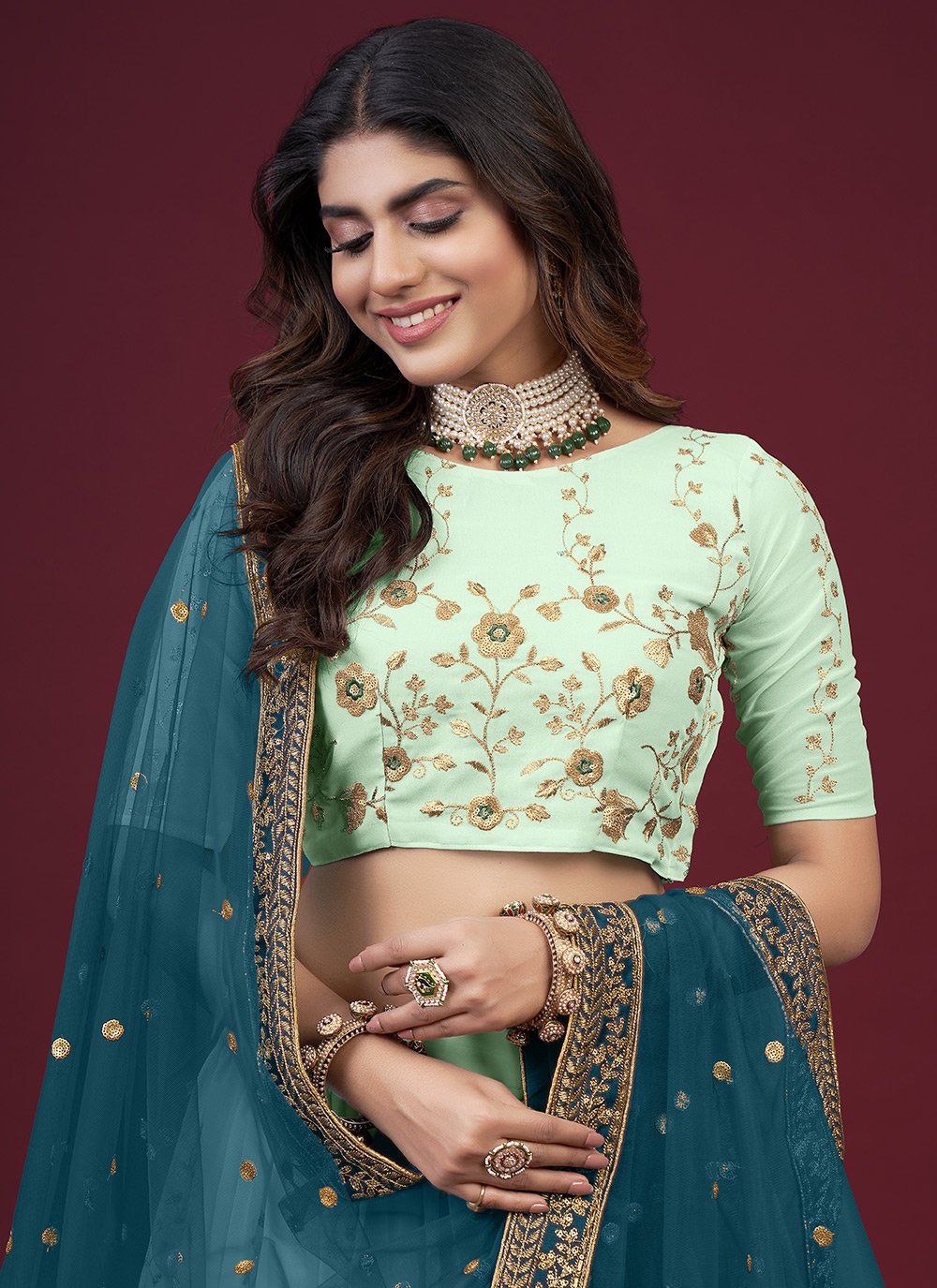 A Line Lehenga Faux Georgette Green Embroidered Lehenga Choli