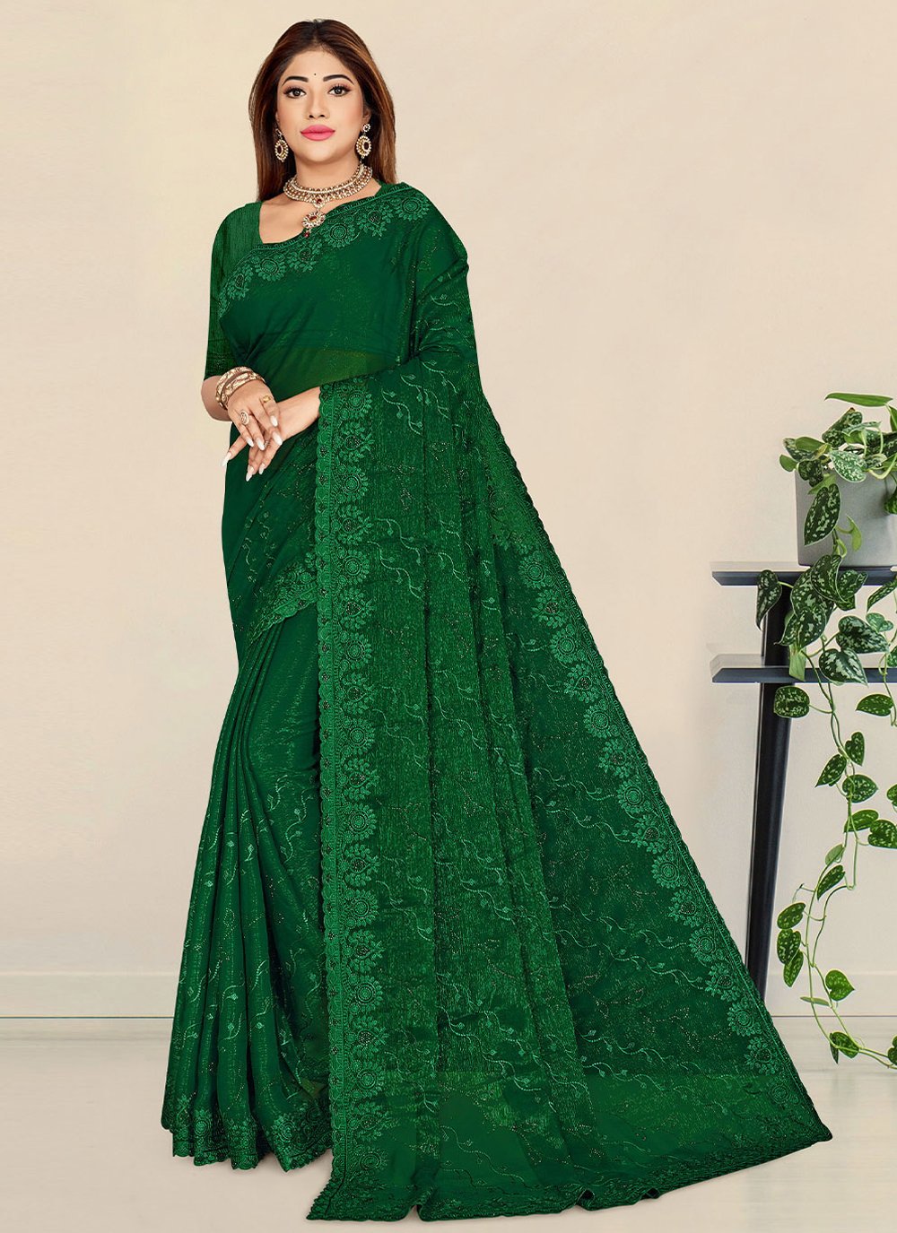 Contemporary Shimmer Green Embroidered Saree