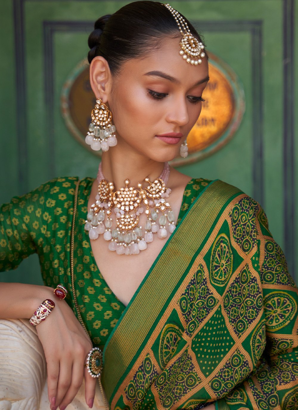 Contemporary Brasso Green Print Saree