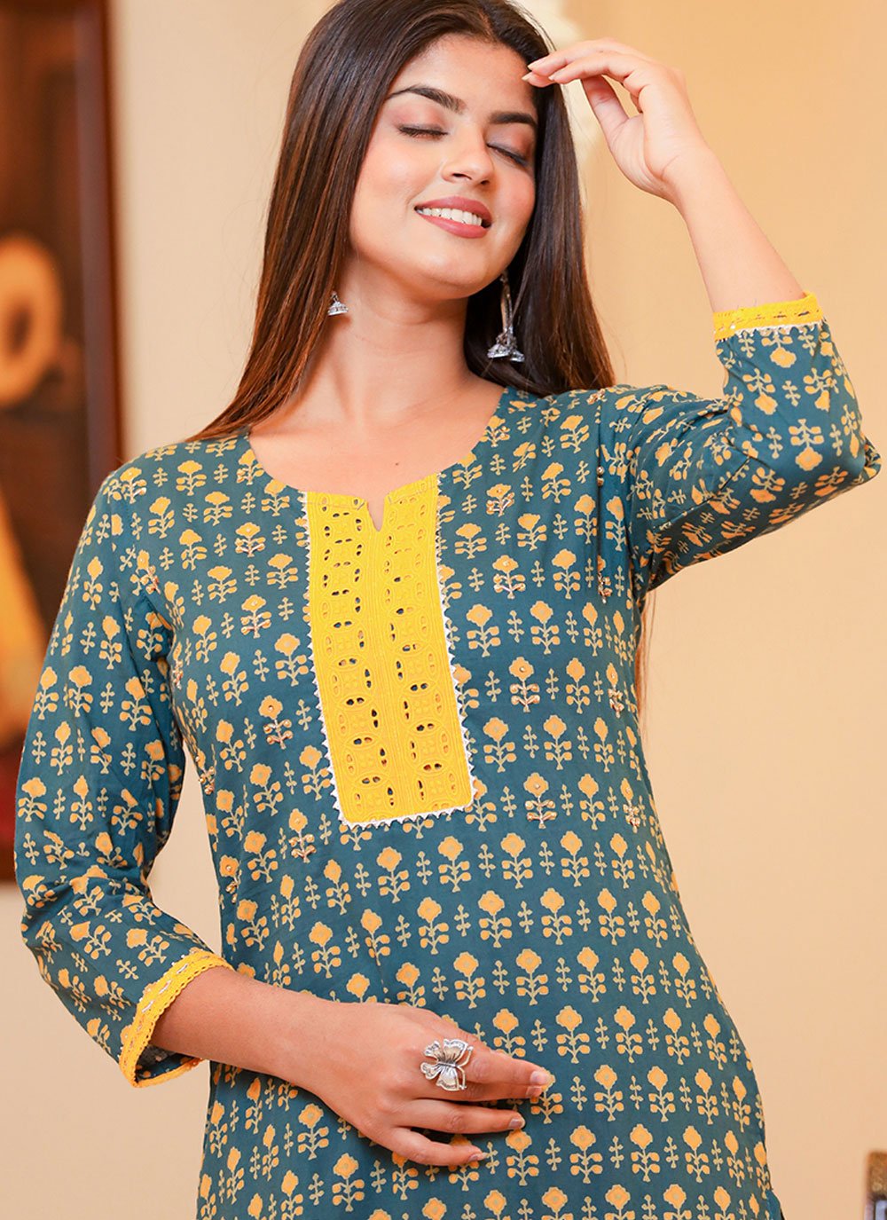 Designer Kurti Cotton Green Print Kurtis