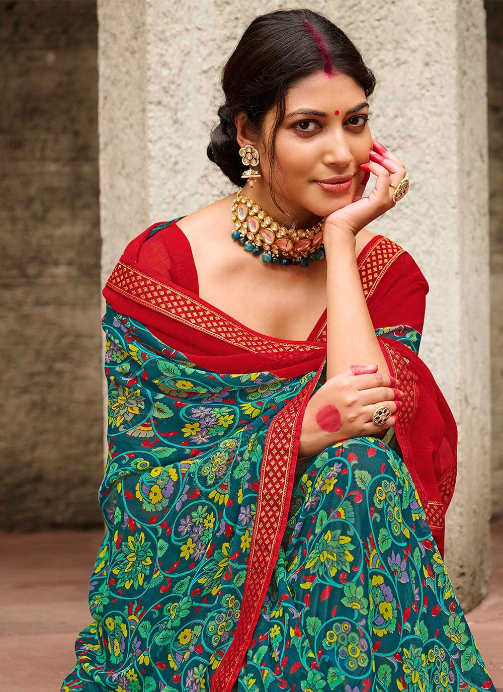 Designer Georgette Green Print Saree