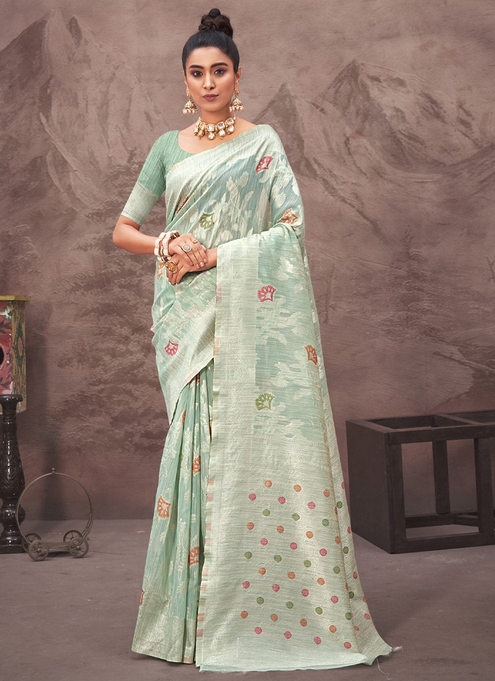 Traditional Saree Cotton Silk Green Embroidered Saree