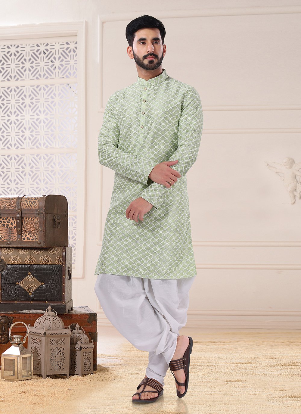 Dhoti Kurta Silk Green Embroidered Mens