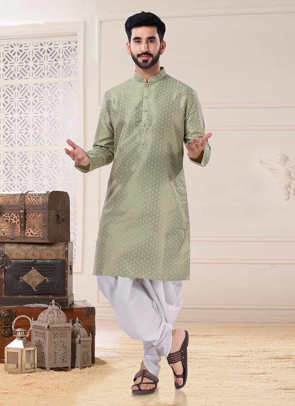 Dhoti Kurta Jacquard Green Embroidered Mens