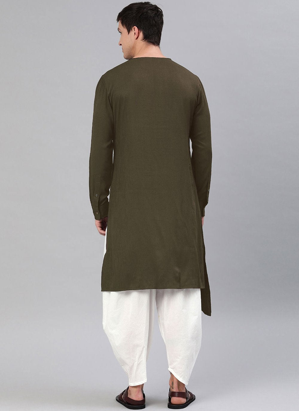 Kurta Blended Cotton Green Plain Mens