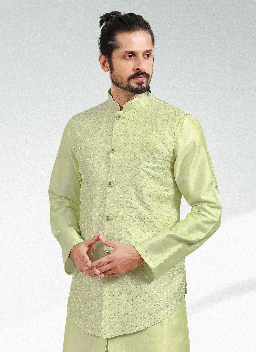 Kurta Payjama With Jacket Art Banarasi Silk Green Thread Mens