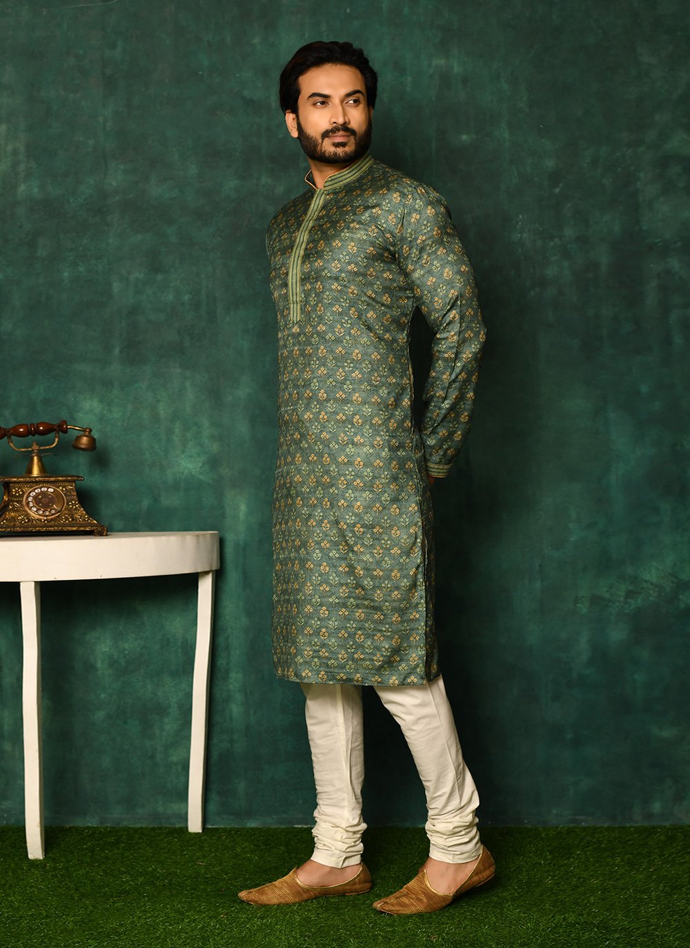 Kurta Pyjama Jacquard Green Woven Mens