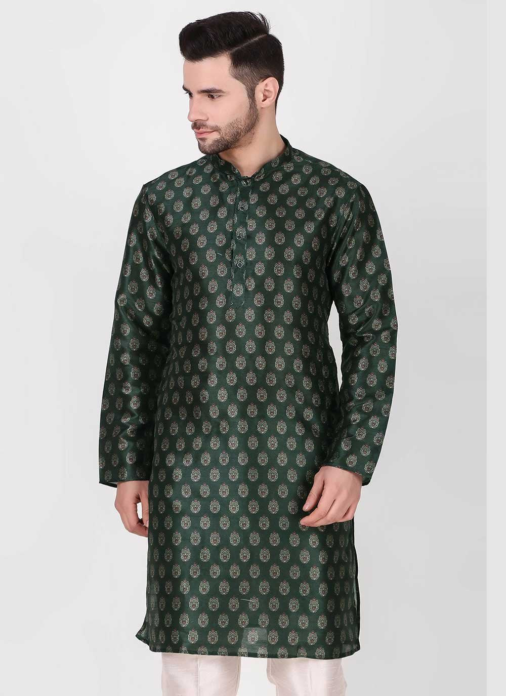 Kurta Pyjama Art Silk Green Print Mens