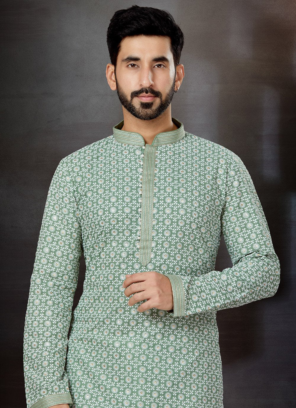 Kurta Pyjama Fancy Fabric Green Lucknowi Work Mens