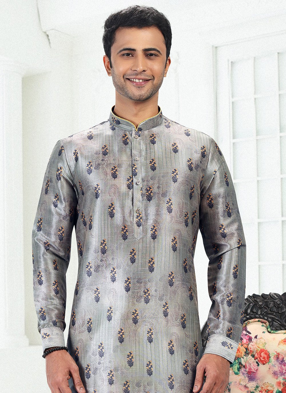 Kurta Pyjama Banarasi Silk Green Digital Print Mens