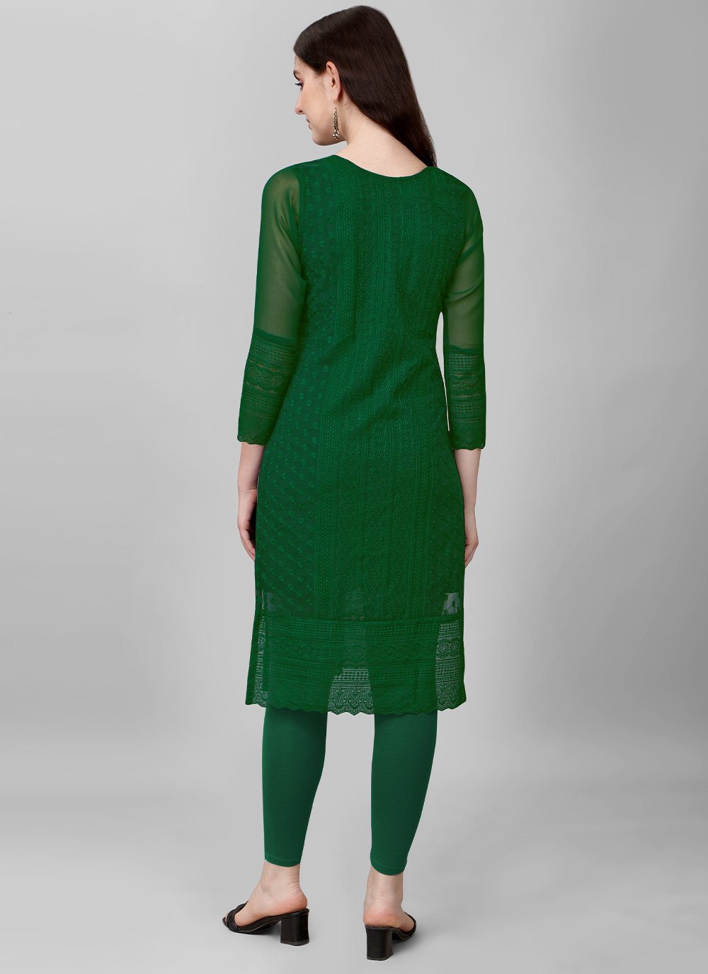Party Wear Kurti Faux Georgette Green Chikankari Work Kurtis