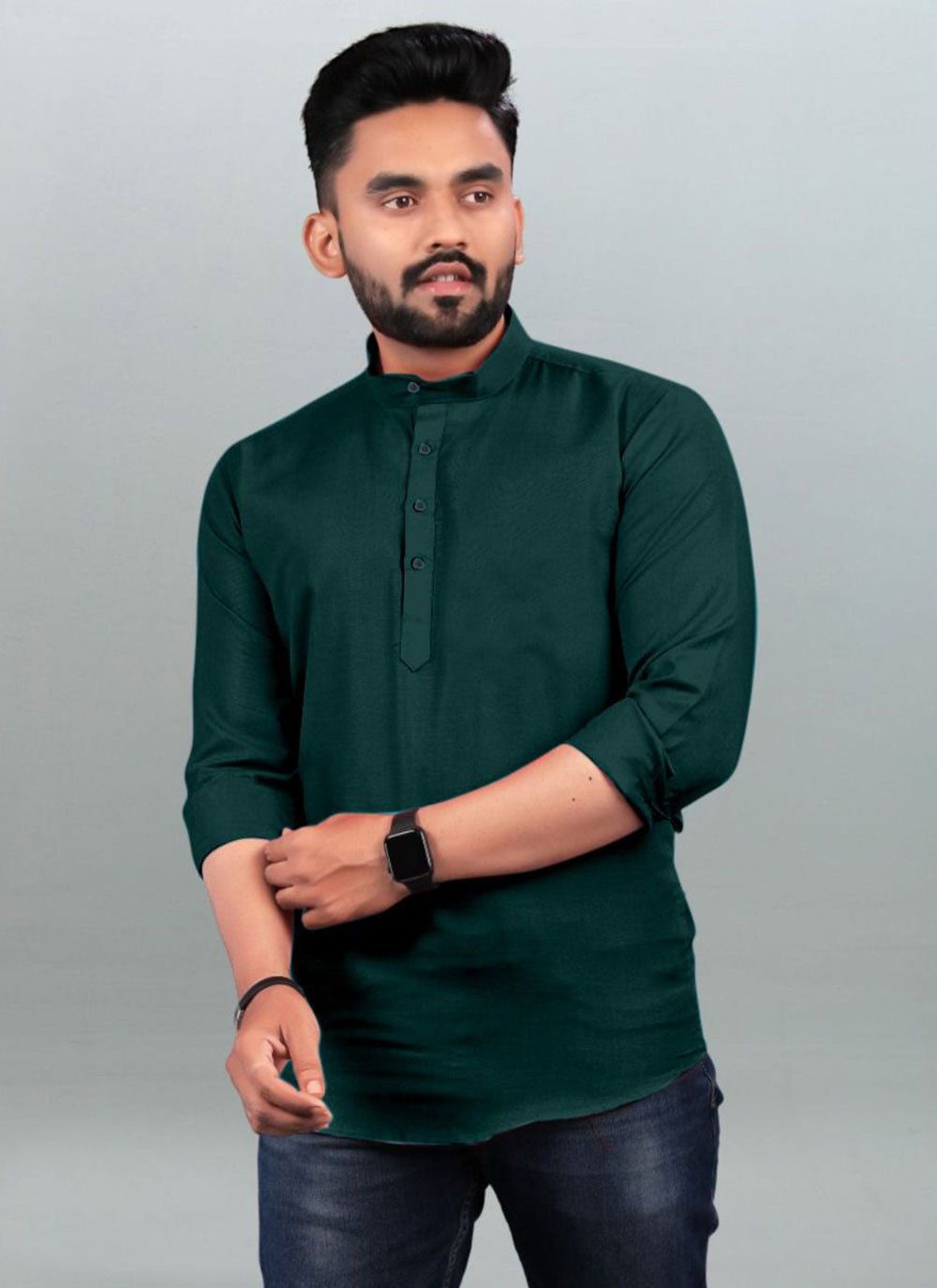 Short Kurta Cotton Green Plain Mens