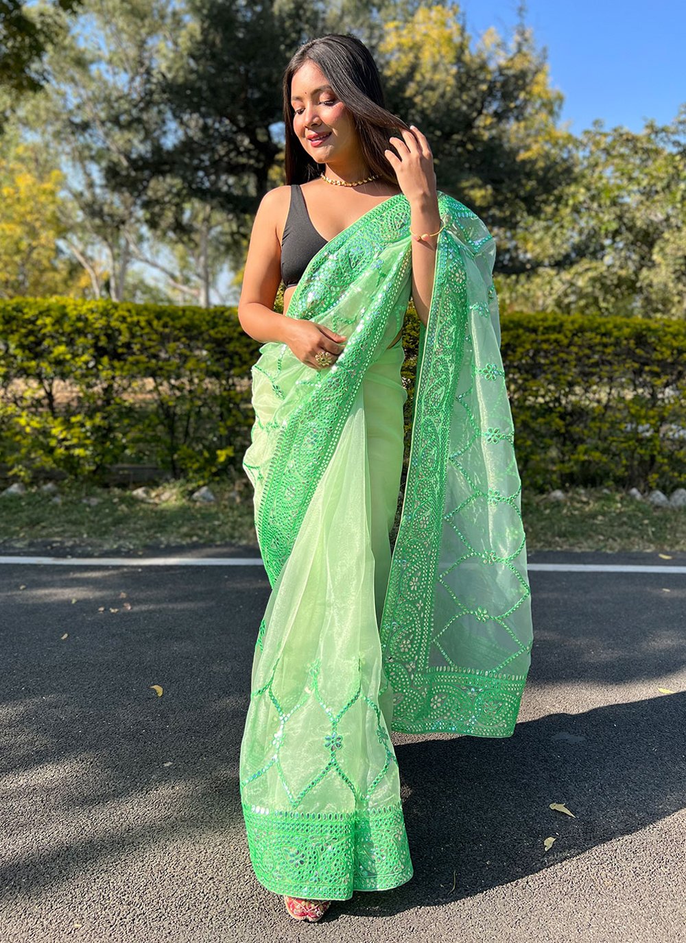 Trendy Saree Organza Green Embroidered Saree
