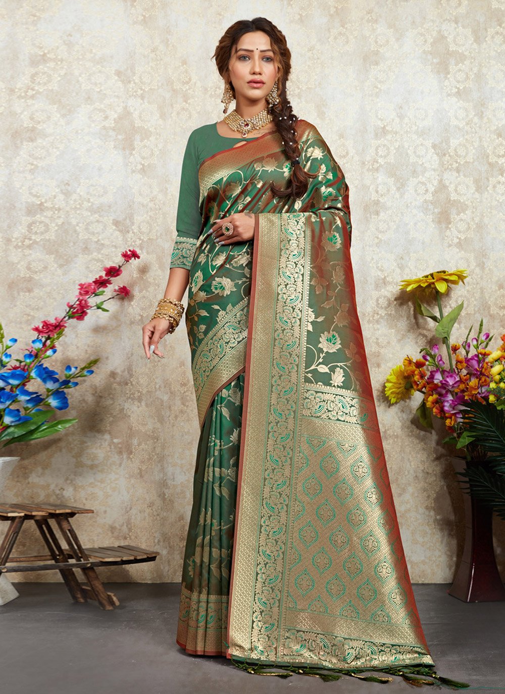 Trendy Saree Silk Green Foil Print Saree