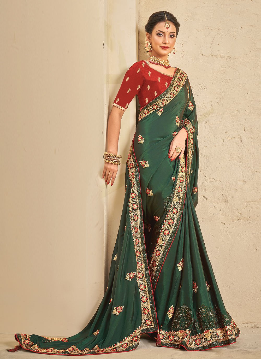 Contemporary Crepe Silk Green Embroidered Saree