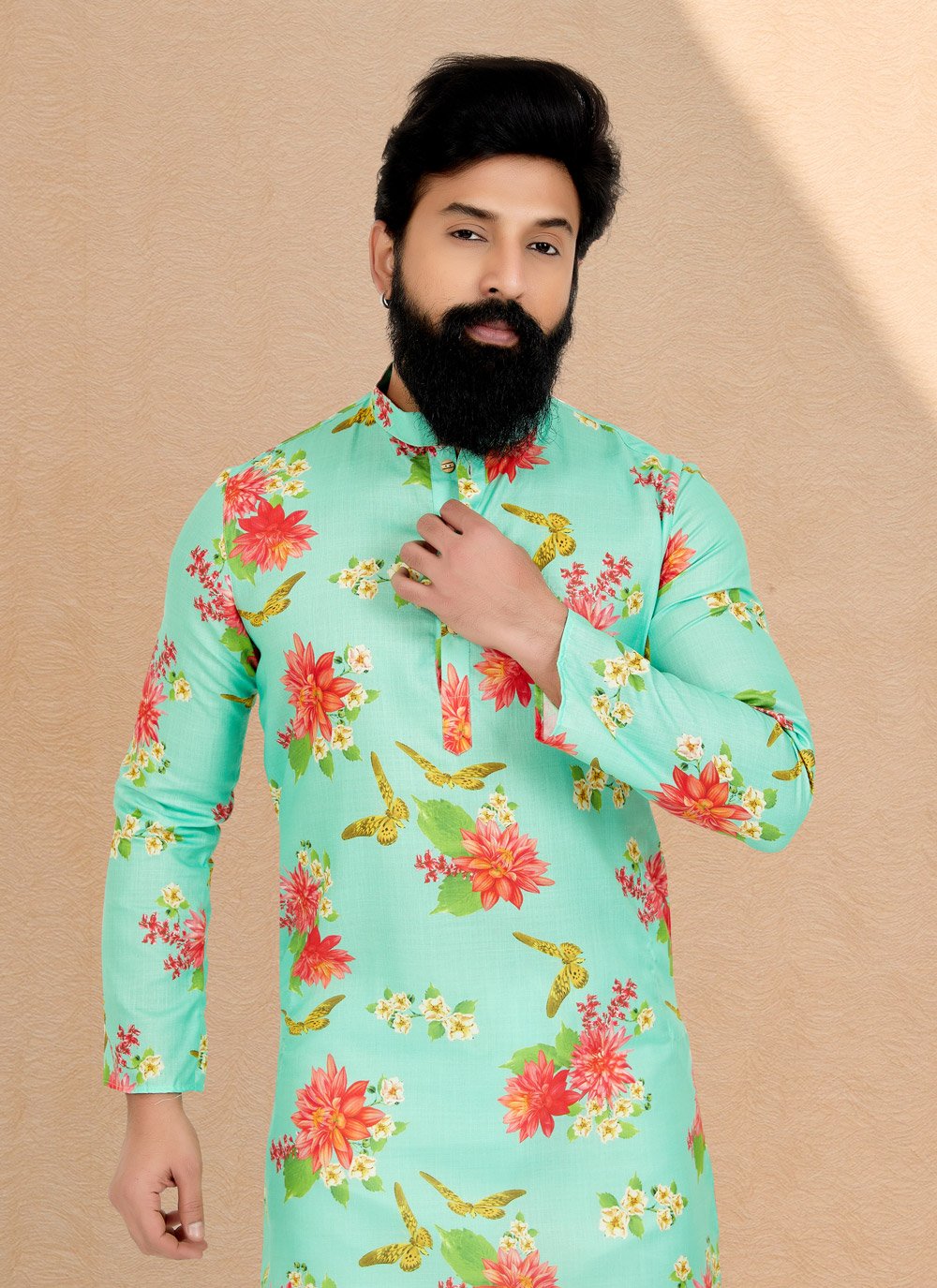 Kurta Pyjama Cotton Green Digital Print Mens