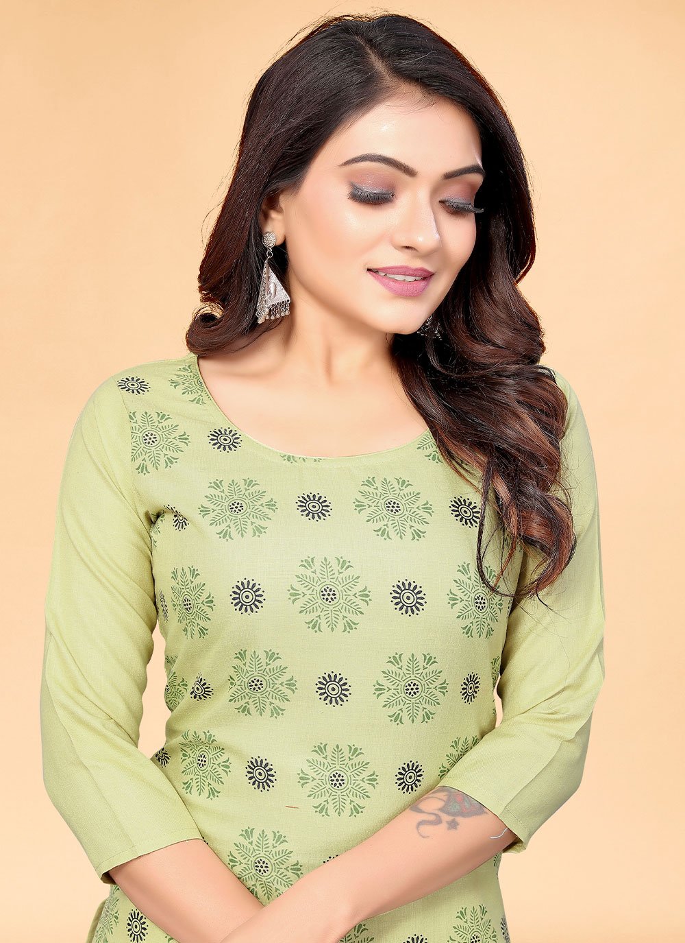 Designer Kurti Cotton Green Print Kurtis