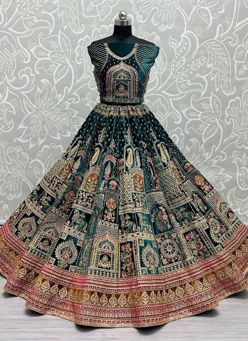 Lehenga Choli Velvet Green Diamond Lehenga Choli