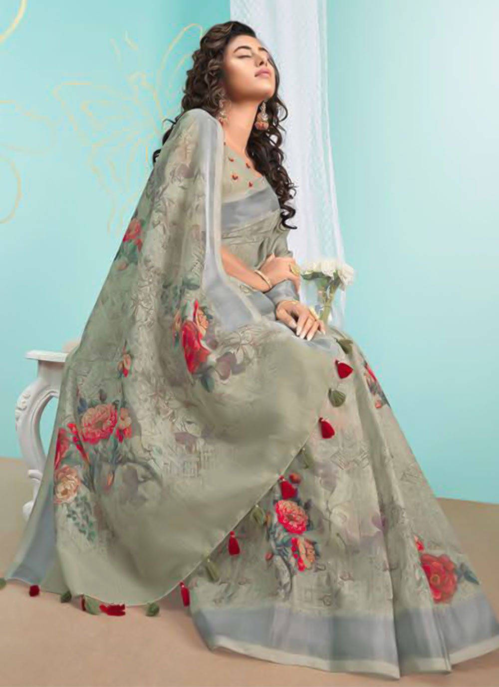 Classic Organza Green Digital Print Saree