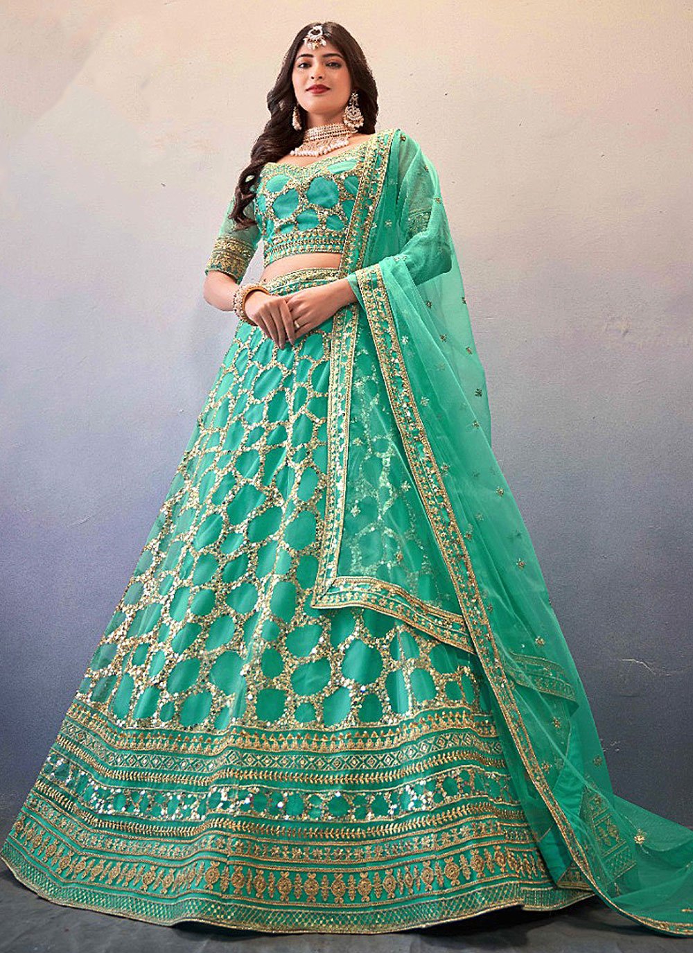 A Line Lehenga Net Green Embroidered Lehenga Choli