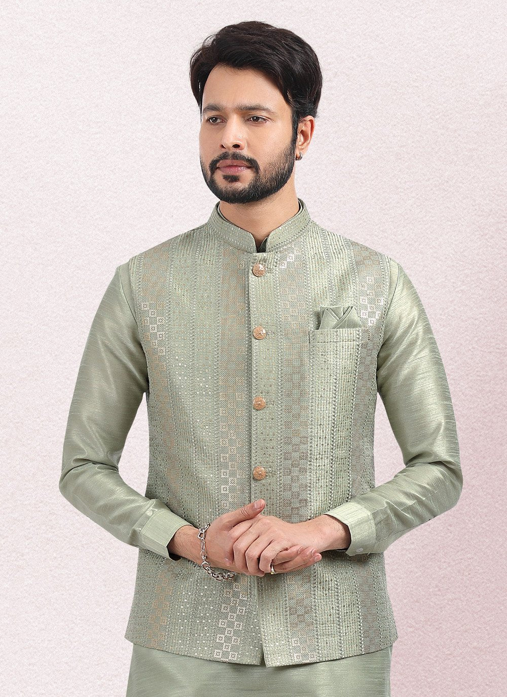 Kurta Payjama With Jacket Art Banarasi Silk Green Embroidered Mens