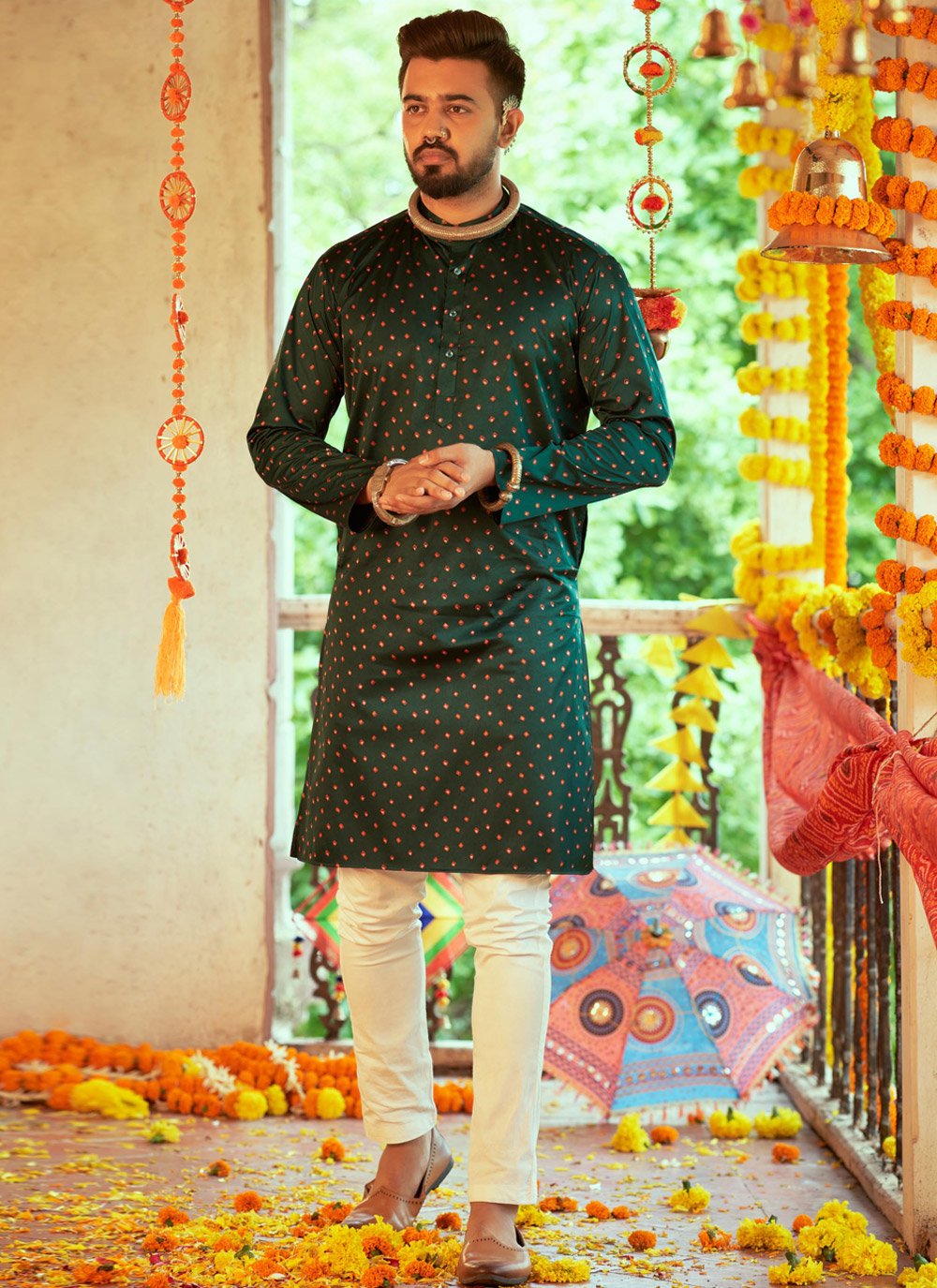 Kurta Pyjama Art Silk Green Embroidered Mens
