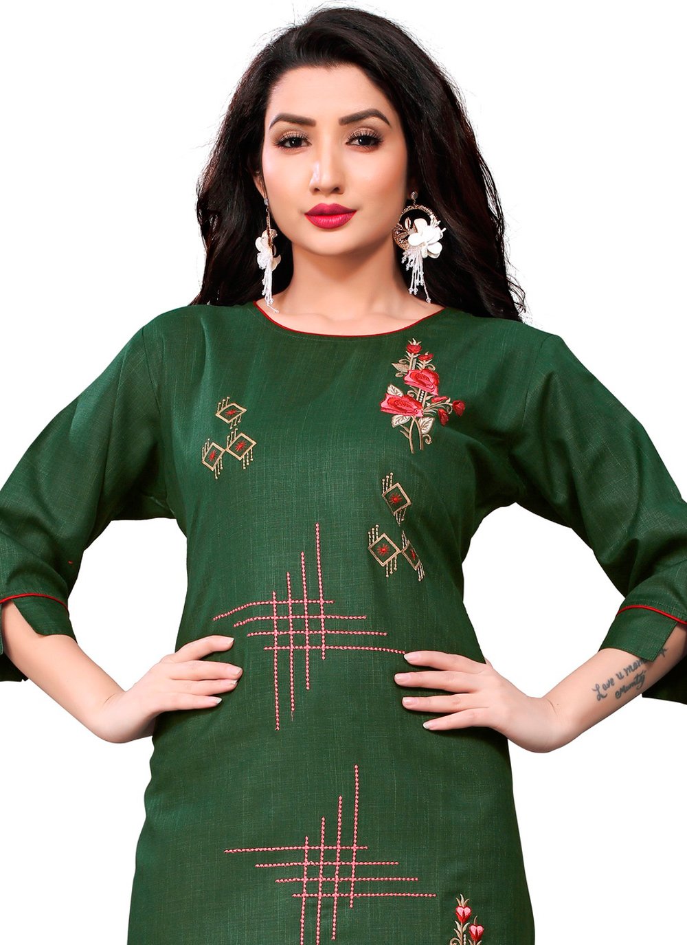 Designer Kurti Blended Cotton Green Embroidered Kurtis