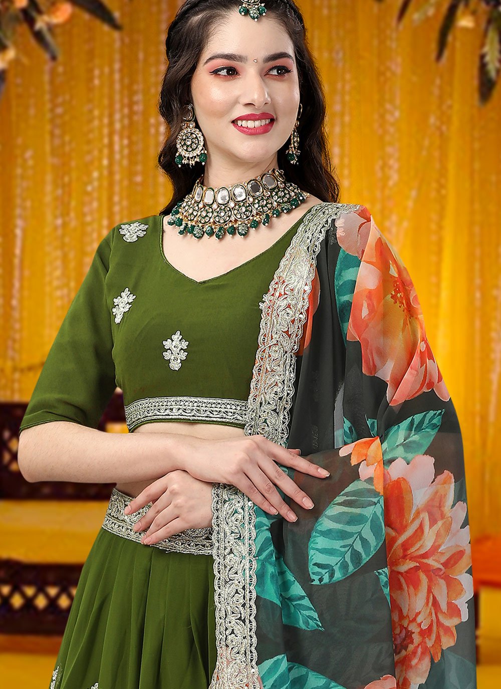 Lehenga Choli Faux Georgette Green Embroidered Lehenga Choli