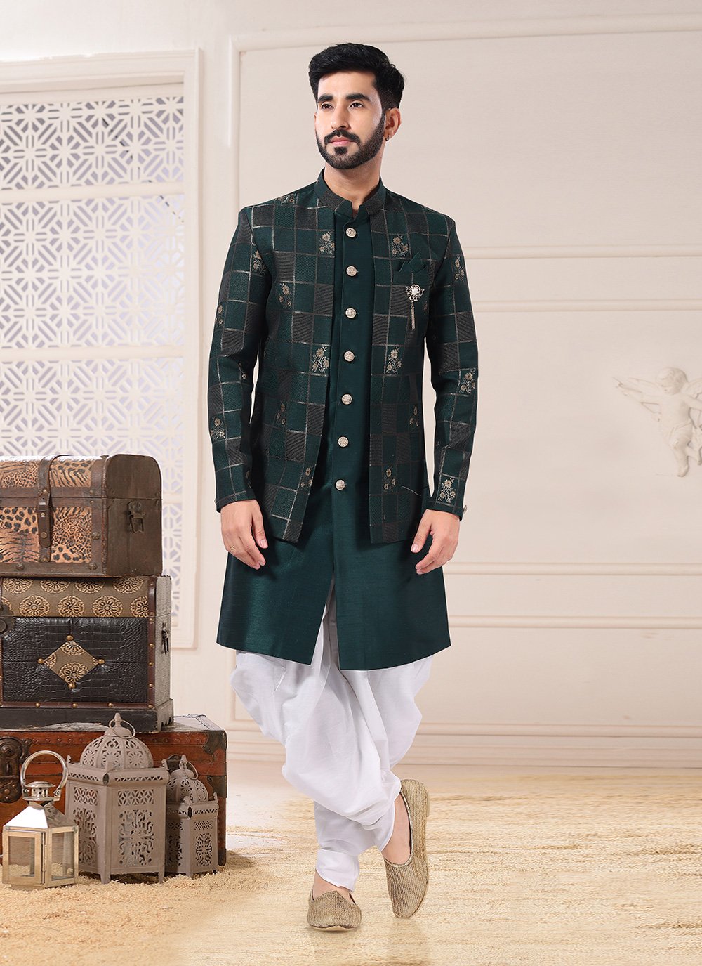 Indo Western Sherwani Jacquard Silk Green Embroidered Mens