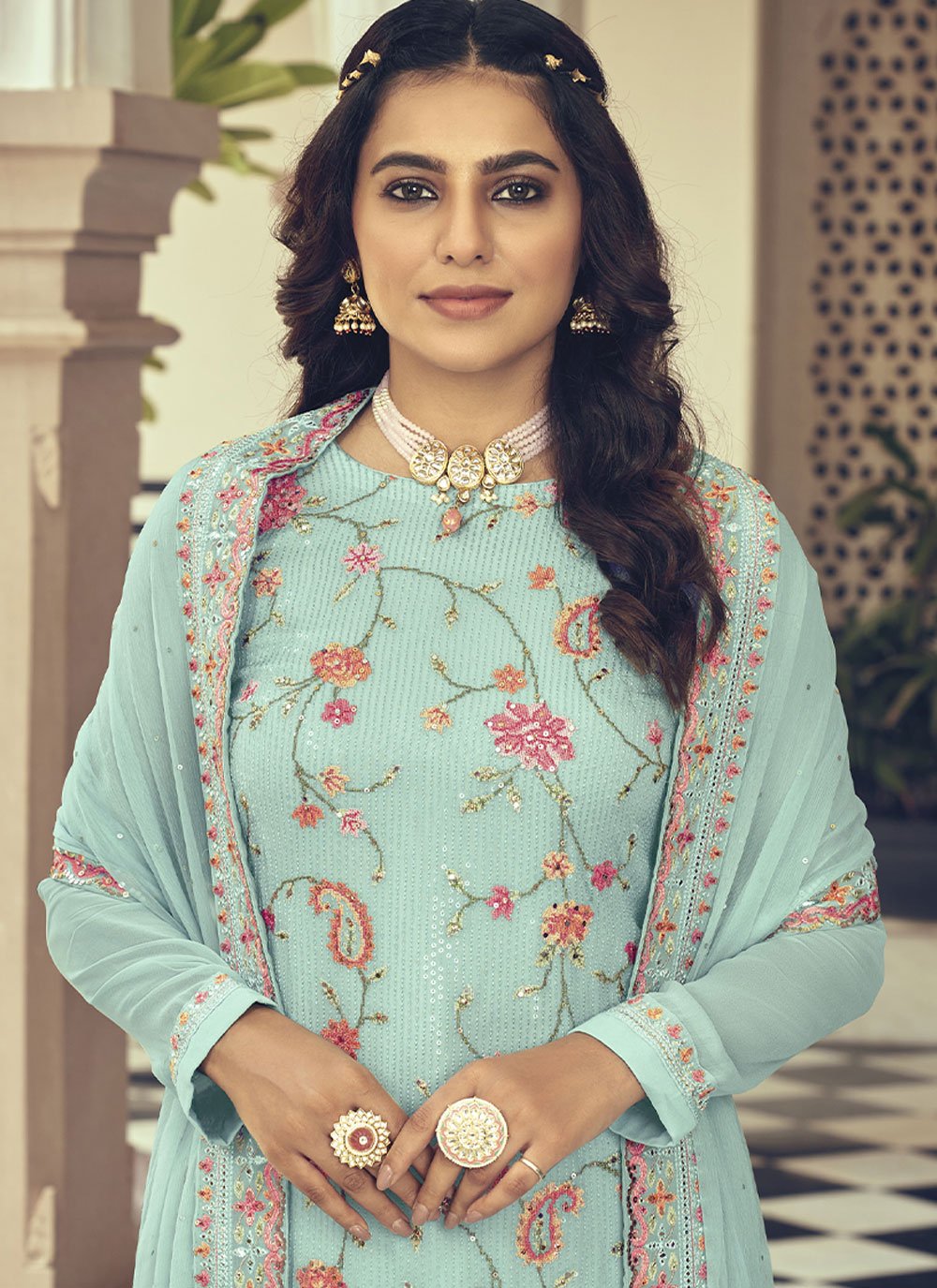 Pant Style Suit Faux Georgette Green Embroidered Salwar Kameez