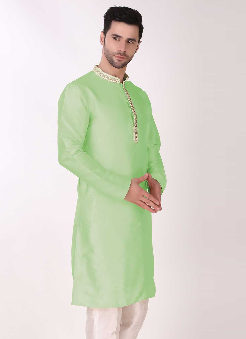 Kurta Pyjama Art Silk Green Embroidered Mens