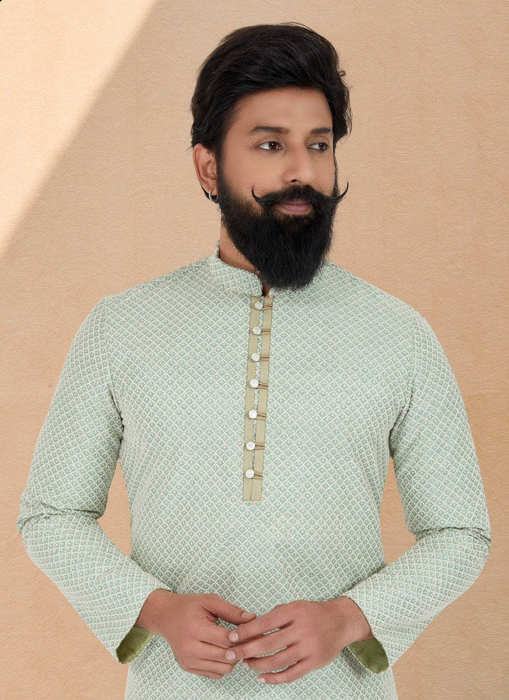 Kurta Pyjama Jacquard Silk Green Embroidered Mens
