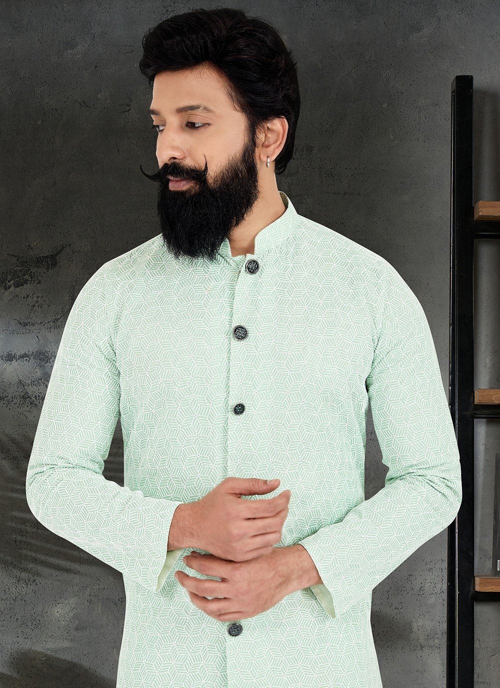 Kurta Pyjama Silk Green Embroidered Mens