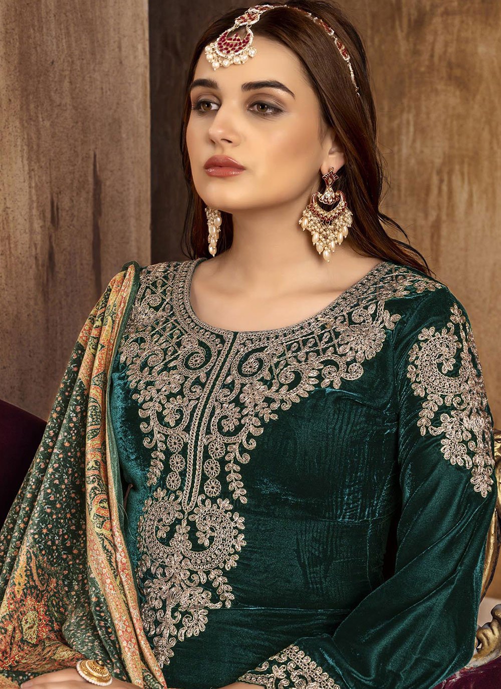 Palazzo Salwar Suit Velvet Green Embroidered Salwar Kameez