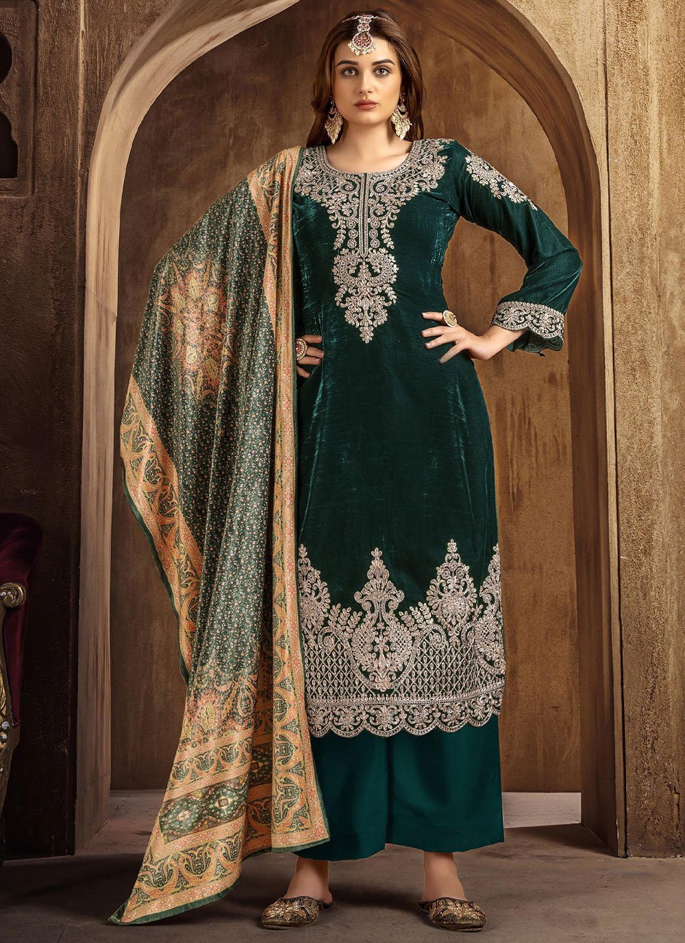 Palazzo Salwar Suit Velvet Green Embroidered Salwar Kameez