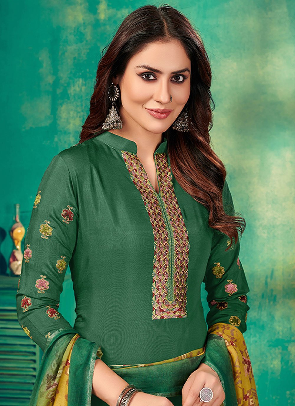 Palazzo Salwar Suit Muslin Green Embroidered Salwar Kameez
