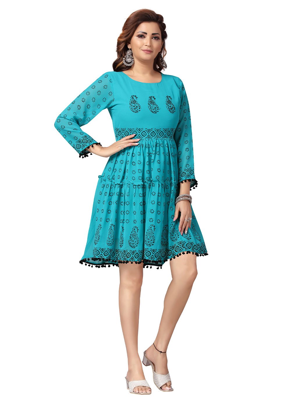 Party Wear Kurti Georgette Green Embroidered Kurtis
