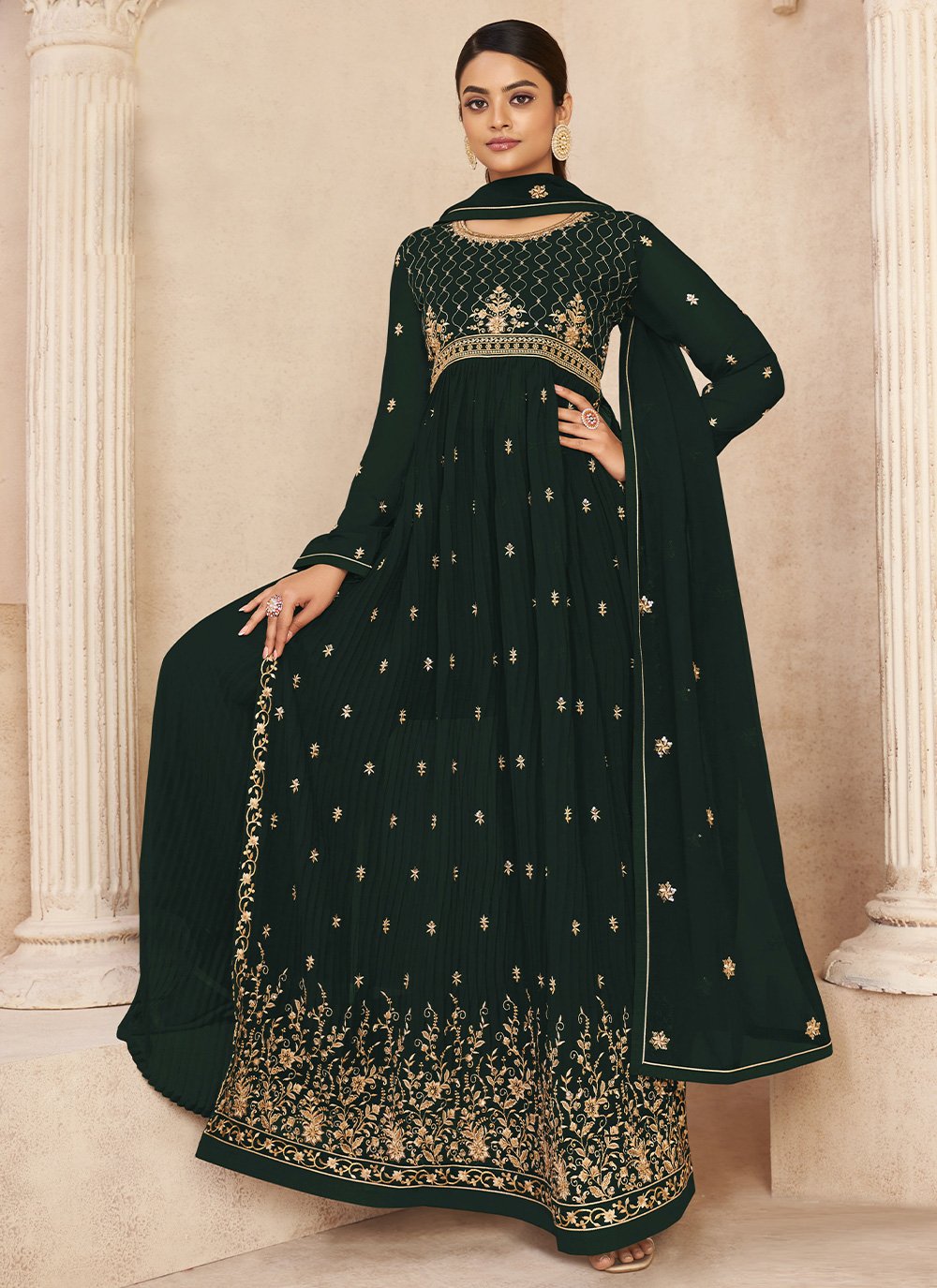 Salwar Suit Faux Georgette Green Embroidered Salwar Kameez