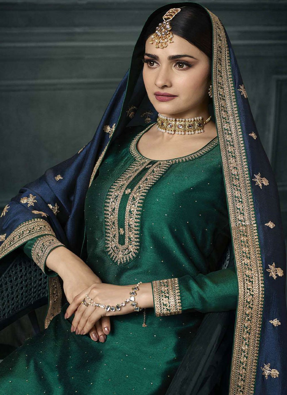 Straight Salwar Suit Georgette Silk Green Embroidered Salwar Kameez