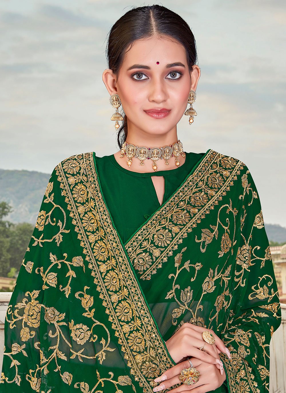 Classic Georgette Green Embroidered Saree