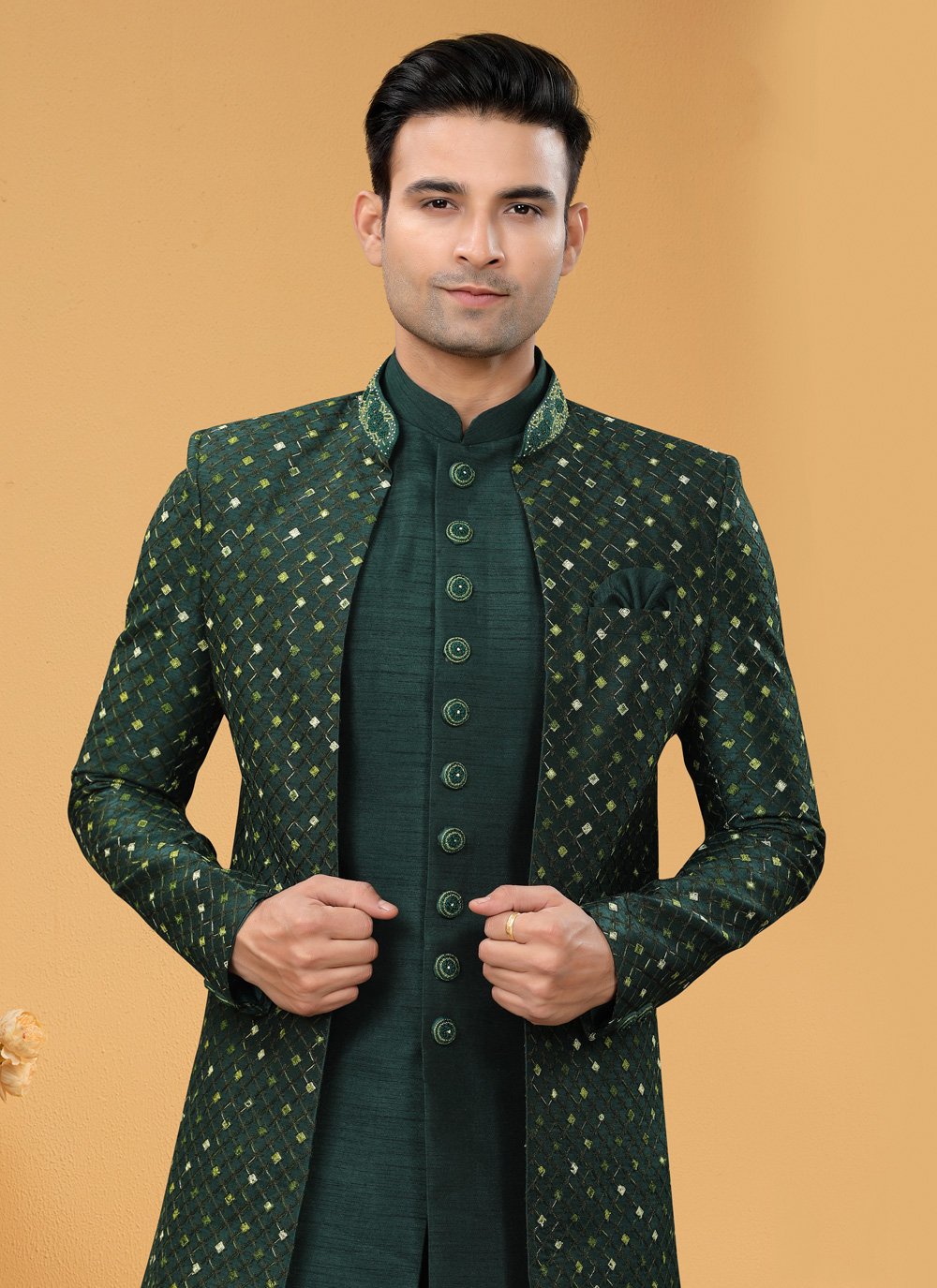 Indo Western Sherwani Art Silk Green Hand Work Mens