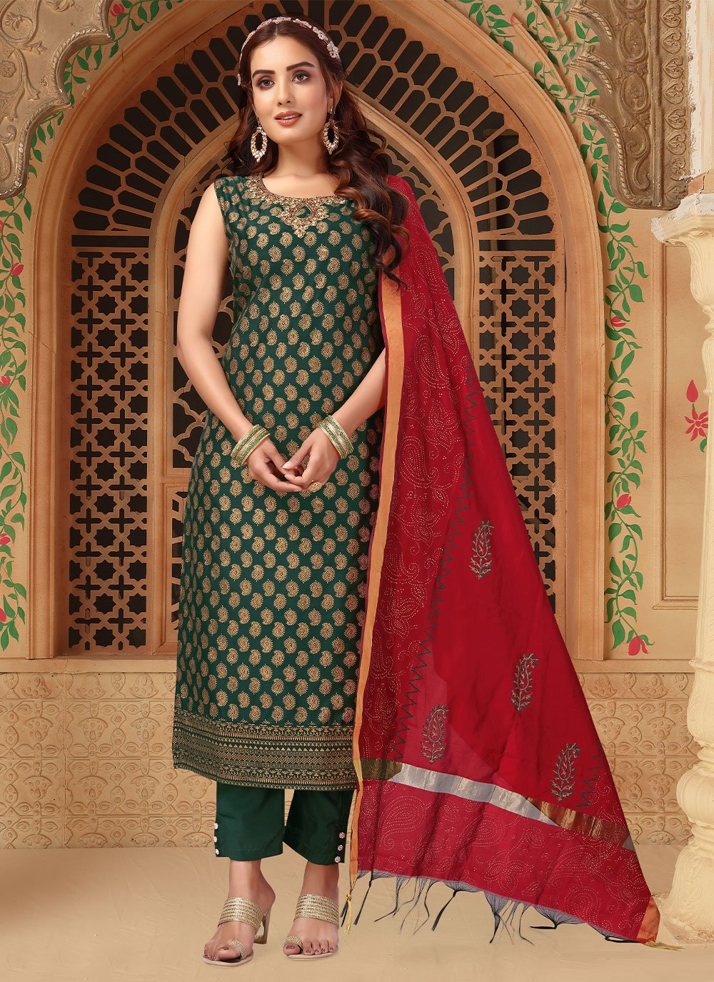 Pant Style Suit Silk Green Embroidered Salwar Kameez