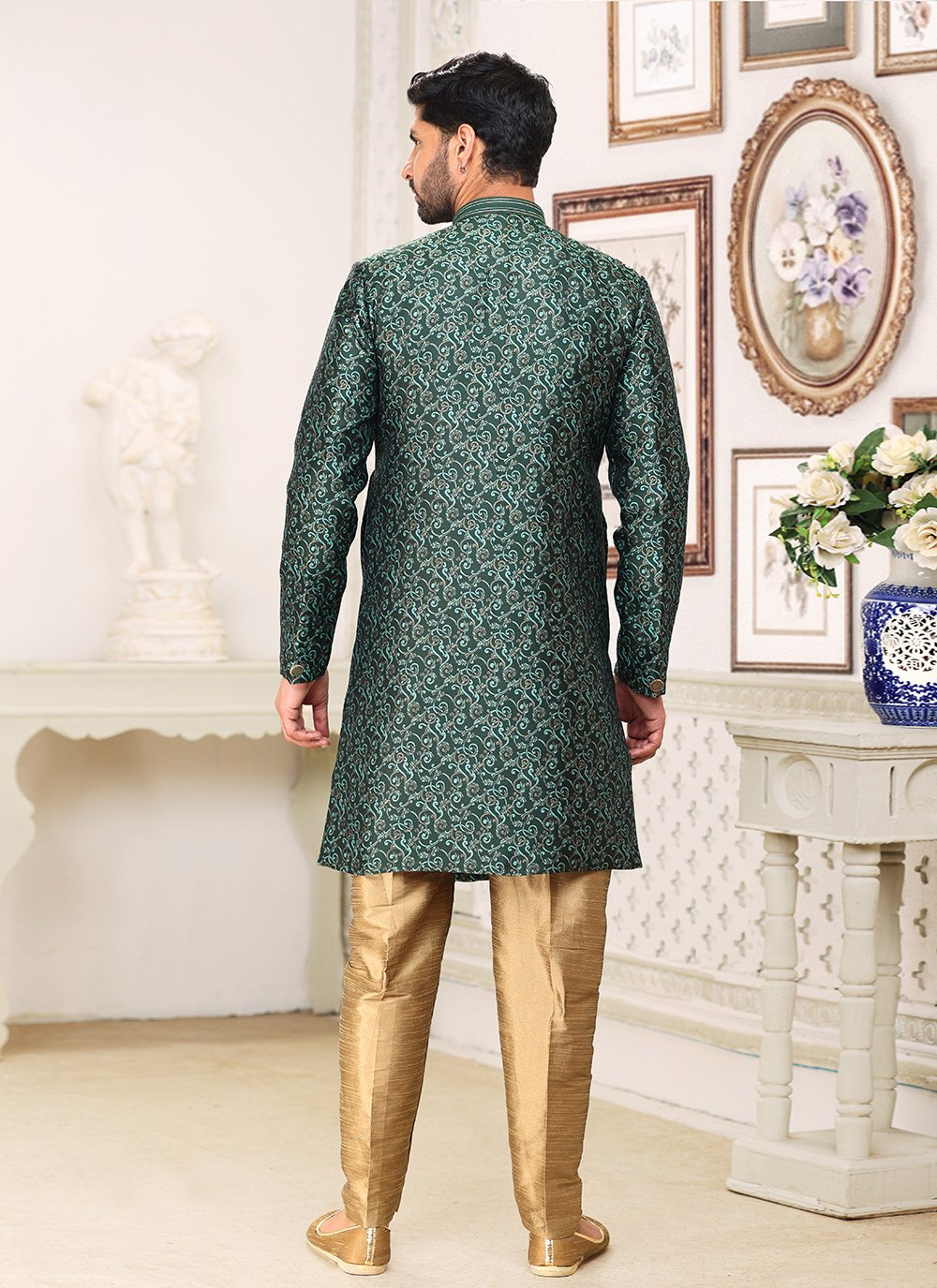 Indo Western Banarasi Jacquard Green Fancy Work Mens