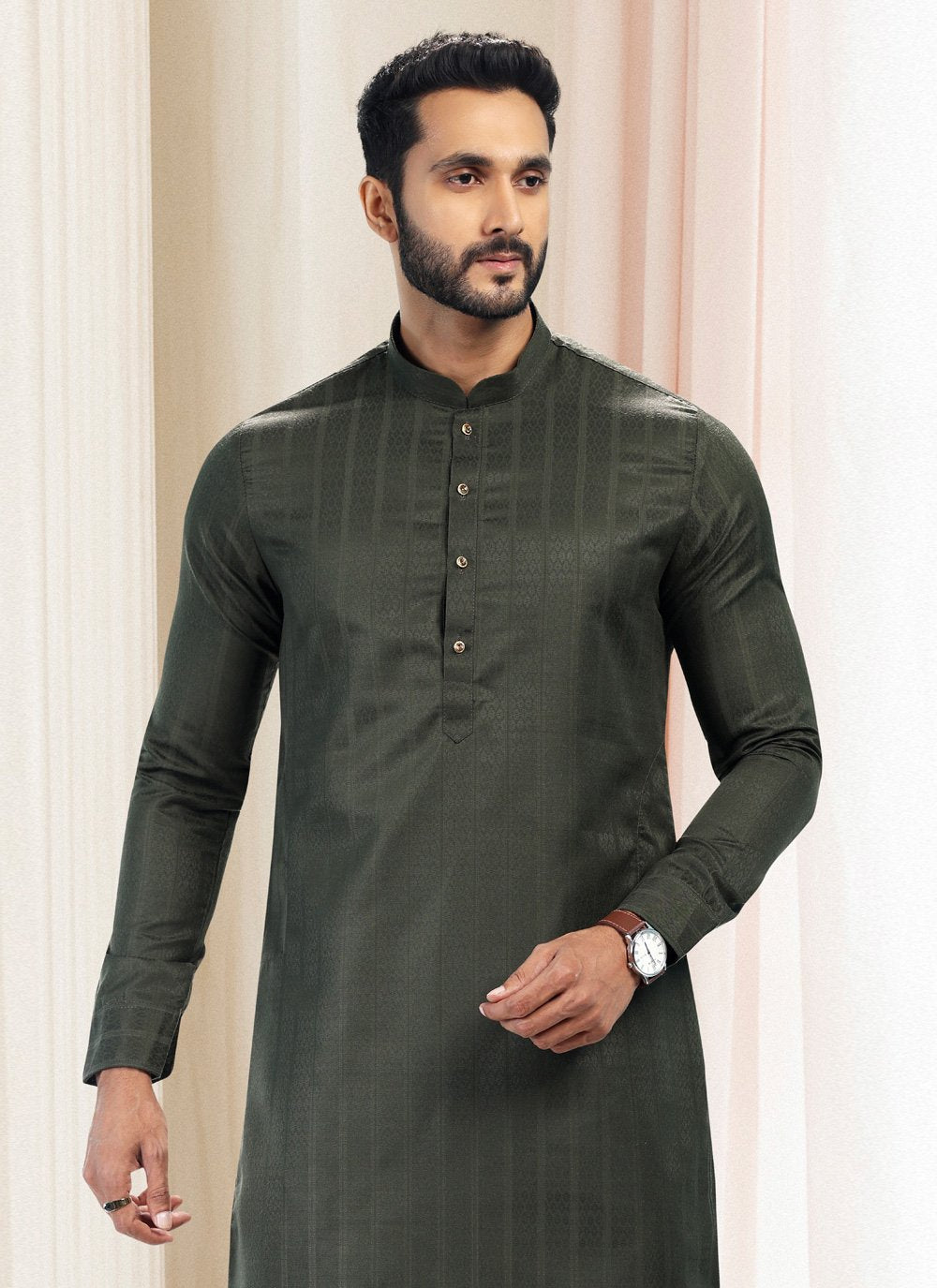 Kurta Pyjama Silk Green Fancy Work Mens