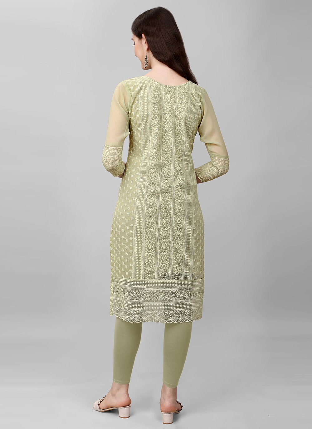 Casual Kurti Faux Georgette Green Chikankari Work Kurtis