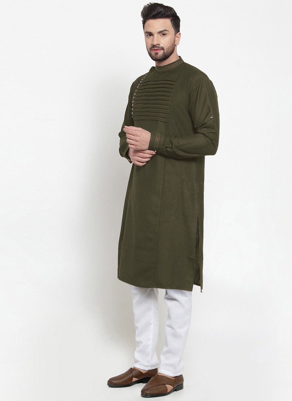Kurta Blended Cotton Green Fancy Work Mens