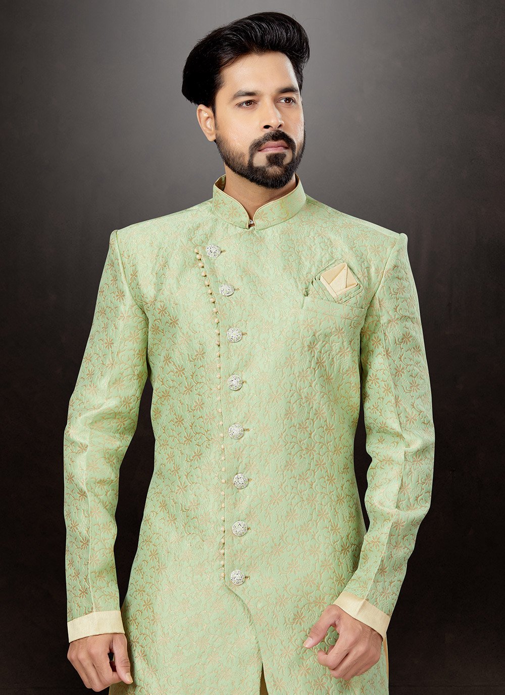 Indo Western Sherwani Banarasi Jacquard Green Embroidered Mens