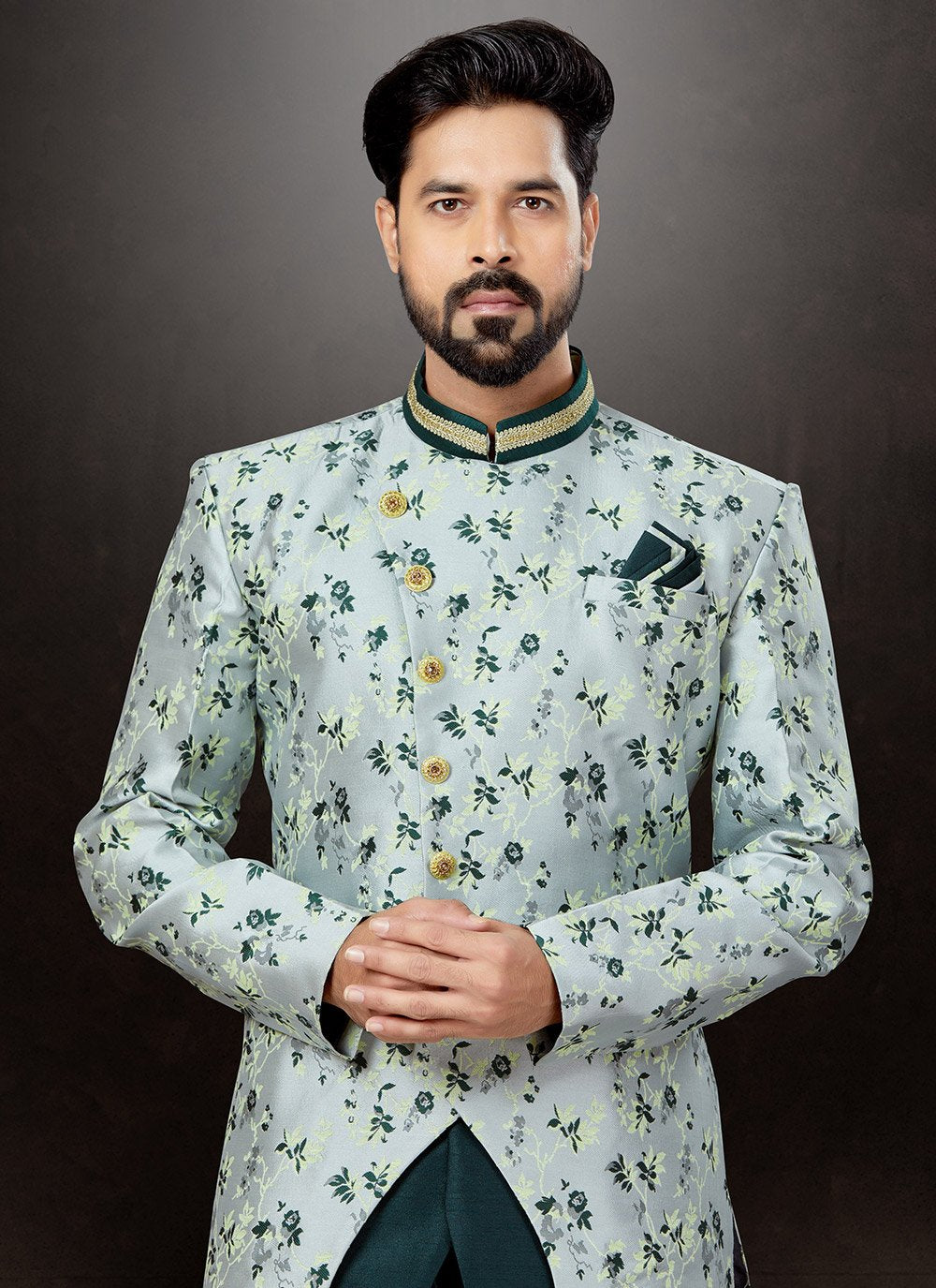 Indo Western Sherwani Banarasi Jacquard Green Embroidered Mens