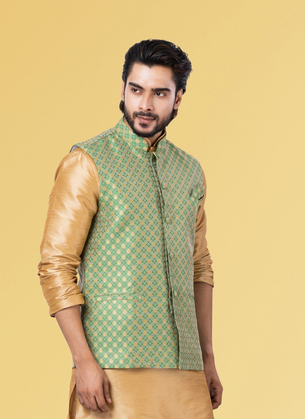 Nehru Jackets Jacquard Silk Green Embroidered Mens